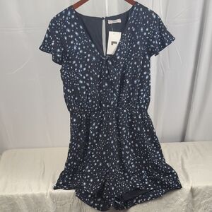 Women's Navy Blue Printed Short Sleeve V-Neck Romper